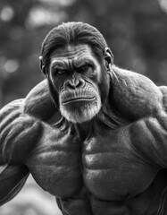 colossal Titan chimp, extremely muscular, black and white photography, dof, bokeh, direct sunlight,