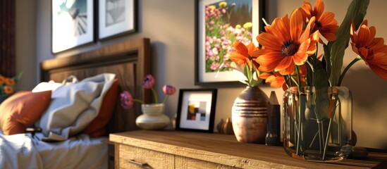 A contemporary bedroom with a dresser adorned with flowers and a picture frame containing my own photo. - obrazy, fototapety, plakaty