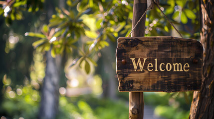 Rustic "Welcome" Sign in Lush Garden Setting