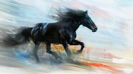 Digital painting of a black horse in motion, on abstract background. 