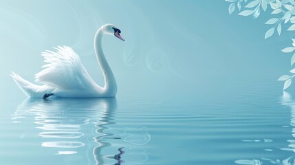   A white swan floats atop tranquil water, with a leafy tree branch in the backdrop