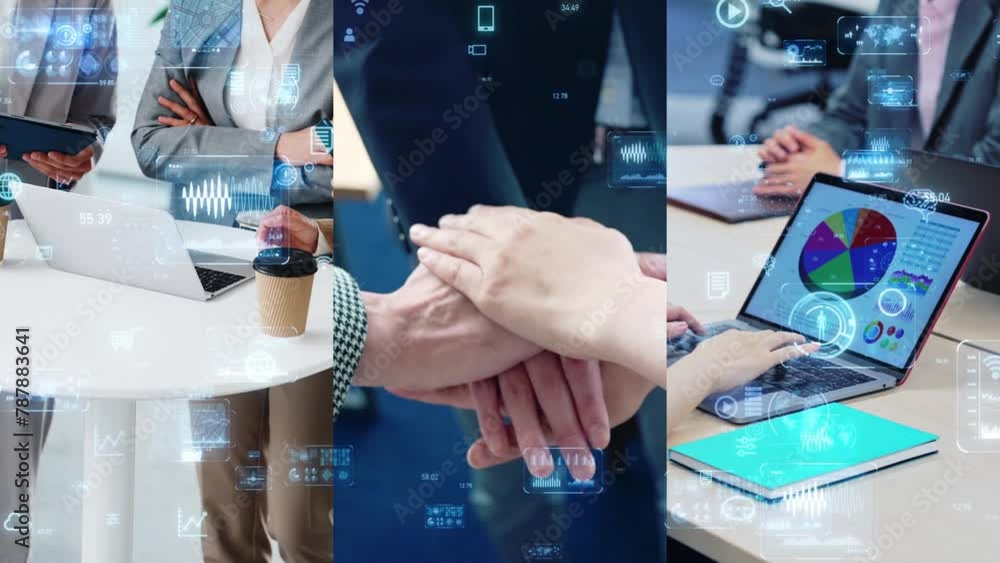Poster collage of various business scenes and digital technology concept. digital transformation. smart off