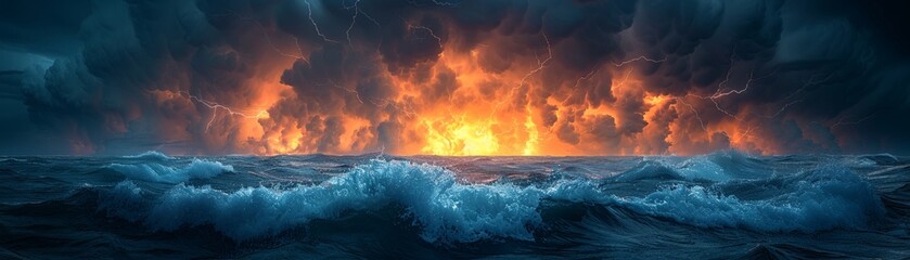 Naklejka premium Stormy sea, midnight, leviathan in the deep painting, horizon view, lightning flash, sea legend 