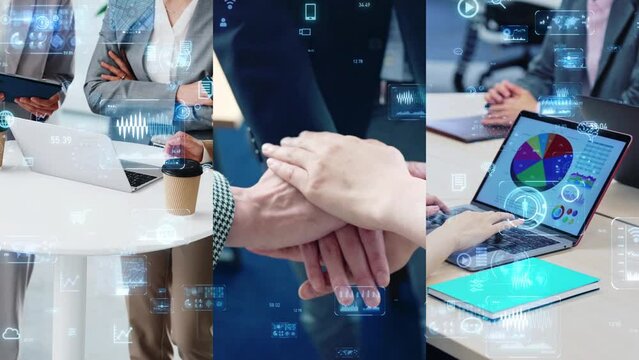 Collage of various business scenes and digital technology concept. Digital transformation. Smart office.  Wipe transition from white background.