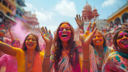 Group of Indian women among colorful powder