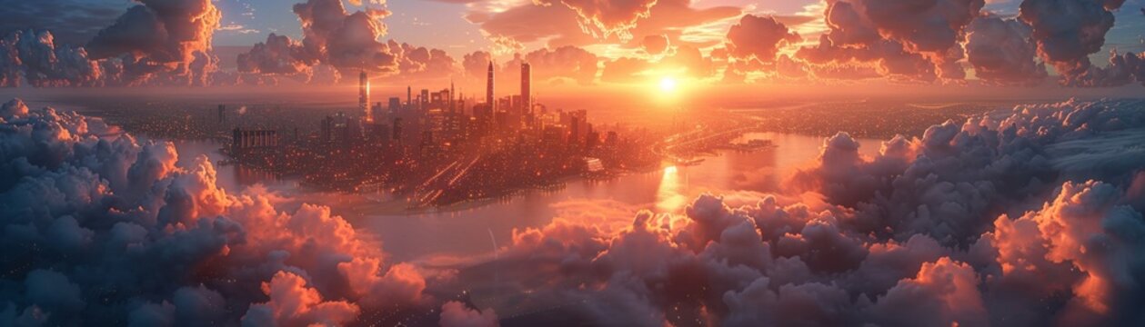 Sky city, floating platforms, sunrise, city above clouds painting, skyward view, golden horizon, utopian dream