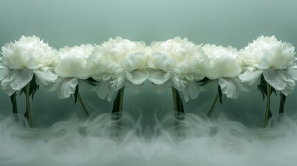   A collection of white blossoms sits atop a verdant surface, mirrored by their reflections in the water