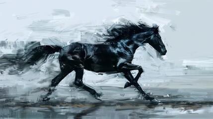 Obraz na płótnie Canvas Digital painting of a black horse in motion, on abstract background. 
