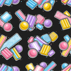 Vector Bubble Gum seamless pattern, repeat background with outline illustration of many various bubblegums and soft candies, square poster with group of flying flat lay bubble gums on dark background