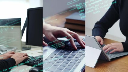 Collage of people using computers and digital code concept. System engineering. Digital transformation. Wipe transition from white background.