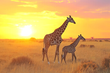 baby giraffe and mother giraffe walking on background