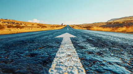 An asphalt road stretches into the distance with a painted white arrow pointing forward, symbolizing motivation, progress, and the concept of continuous growth and forward movement