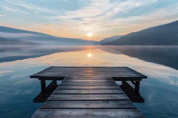 A wooden pier sits on a lake with a beautiful sunset in the background - obrazy, fototapety, plakaty