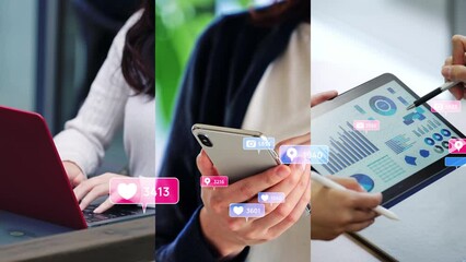 Collage of people using various digital devices and social media concept. Word of mouth. Wipe transition from white background. - Powered by Adobe