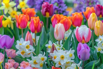 A colorful garden with a variety of flowers including daffodils and tulips
