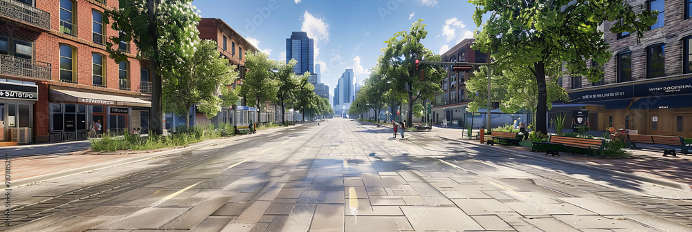 Wall mural modern city street with skyscrapers, clear blue sky, and empty urban road, downtown landscape