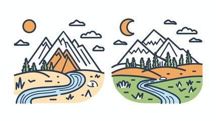 Nature line icon mini landscapes with mountains field