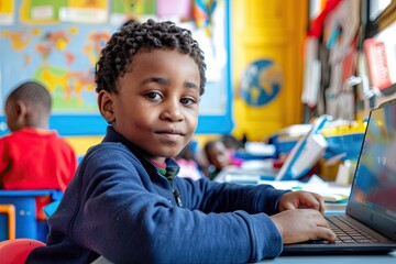 A young boy is sitting at a desk with a laptop in front of him