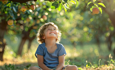 A young boy is sitting in a field of apples, looking up at the sky