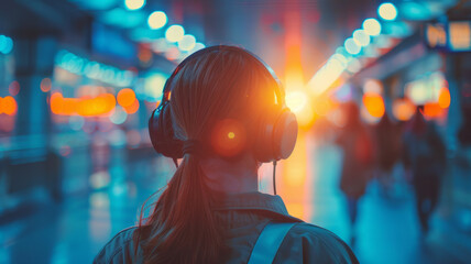 a traveler with headphones, listening Music,generative ai