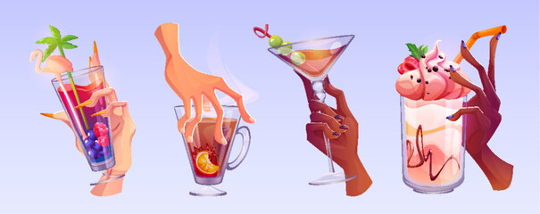 Hands with cocktail glasses set isolated on background. Vector cartoon illustration of male and female fingers holding glass cups with alcohol drinks, fruit juice, spicy hot tea, cold beverages - obrazy, fototapety, plakaty