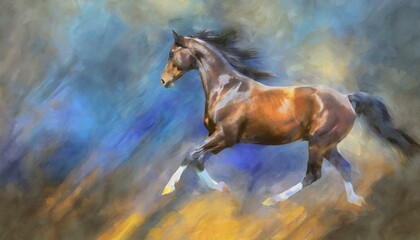 Wallpaper texted painting of a black horse in motion, on abstract background. - obrazy, fototapety, plakaty