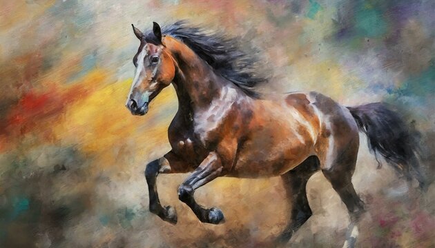 Wallpaper texted painting of a black horse in motion, on abstract background.