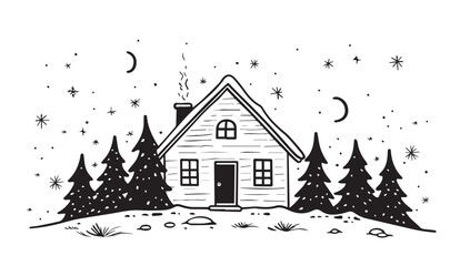 Fototapeta premium Christmas home and tree, Sketch, Pictogram Art, Black on white image 