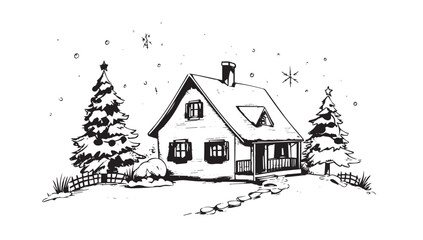 Fototapeta premium Christmas home and tree, Sketch, Pictogram Art, Black on white image 