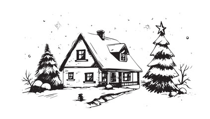 Christmas home and tree, Sketch, Pictogram Art, Black on white image	
