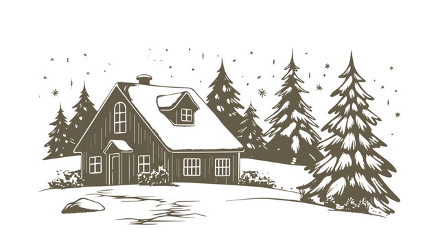 Christmas home and tree, Sketch, Pictogram Art, Black on white image
