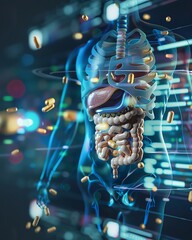 Human digestive system anatomy with medicine pills , 3d render , futuristic background - obrazy, fototapety, plakaty