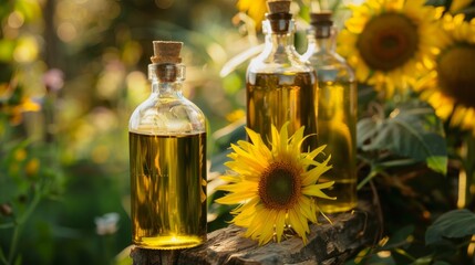 Glass bottles with oil, sunflower flowers on nature agriculture