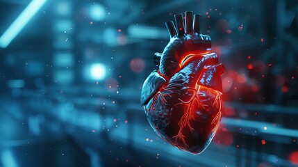 Human heart anatomy on cardiac hospital background , 3d render , futuristic background, - obrazy, fototapety, plakaty