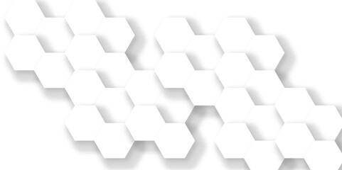 Abstract white background with hexagons pattern. White abstract vector wallpaper with hexagon grid. Technology Futuristic honeycomb emboss mosaic white background.	
