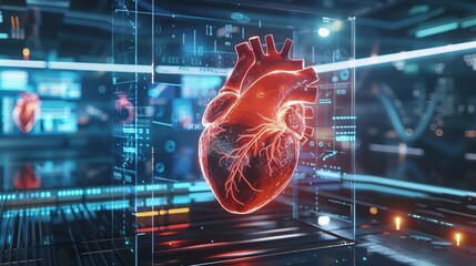 Human heart anatomy on cardiac hospital background, futuristic background - obrazy, fototapety, plakaty
