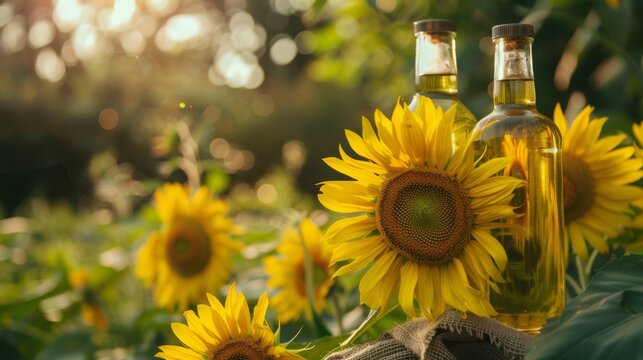 Glass bottles with oil, sunflower flowers on nature agriculture