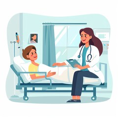 Doctor's visit to the ward of patient elderly woman lying in a medical bed. Vector illustration in a flat style 
