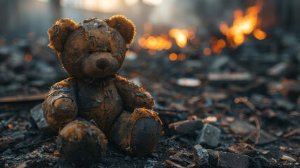 children's teddy bear toy over a burned city, destruction of the consequences of a military conflict.generative ai - obrazy, fototapety, plakaty