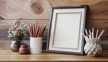 Crafting Corner: Mockup Featuring Picture Frame and Pencils on Wooden Surface