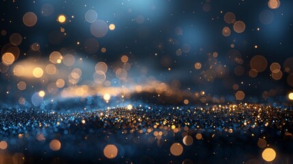 A mesmerizing abstract background featuring the serene beauty of dark blue complemented by the radiance of golden particles. The festive glow of Christmas golden lights introduces, AI Generative - obrazy, fototapety, plakaty