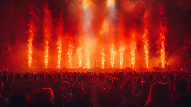 auditorium at a metal concert and a fiery stage in the distance.generative ai