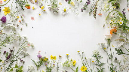 A lush frame inside is empty of assorted wildflowers encircling an empty space in the center, inviting the viewer to imagine their own narrative within the serene white backdrop - obrazy, fototapety, plakaty