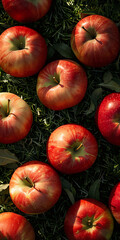 photograph in top view of apples placed in green fake grass