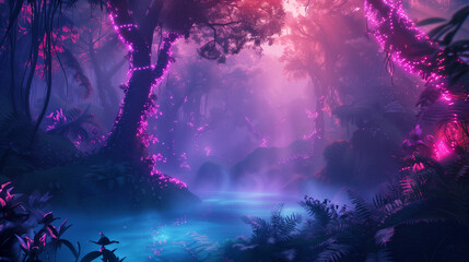An enchanted forest with neon-lit trees, ethereal fog, and mystical creatures lurking, fantasy art style