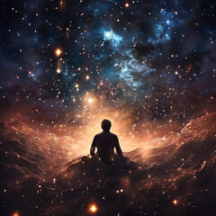 A solitary figure drifting amidst a cosmic expanse symbolizes the profound bond between humanity and the cosmos