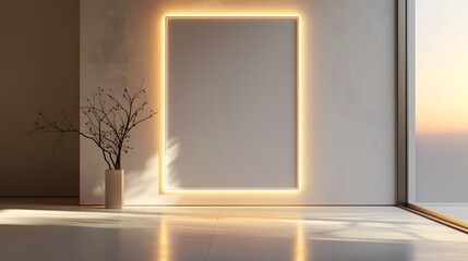 A simple white wall art frame,  light beige and grey wall. Hidden RGB lighting softly illuminates the frame, creating a stark yet warm minimalist
