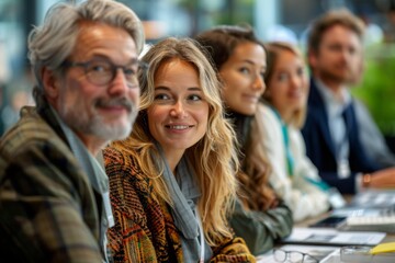 Obraz premium Documentary photography capturing a business team meeting focused on sustainable practices in real estate and investment, conveying the essence of eco-friendly business.strategies