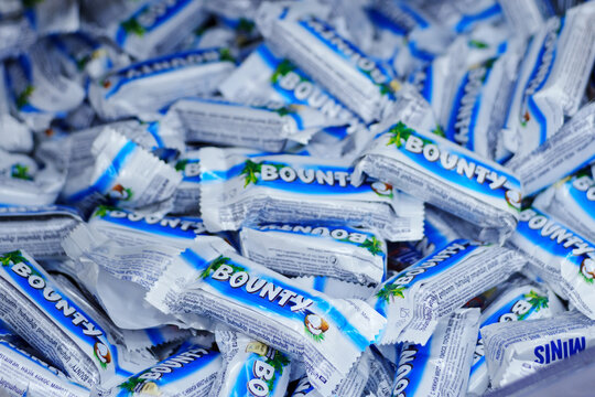 Tyumen, Russia-March 05, 2024: Bounty minis candy. Chocolate bars are made by Mars Inc.