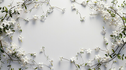  A mesmerizing pattern of intricate jasmine vines woven into an oval empty inside frame, their delicate white flowers casting subtle shadows against the pure white background, - obrazy, fototapety, plakaty